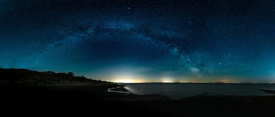 amazing panoramic hdr landscape view of milky way over night sky