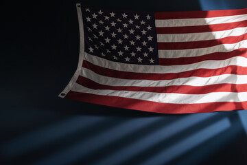 USA Flag Hanging on the Wall. American Symbolic. 4th of July or Memorial Day of United States. Morning Sunlight through the Window