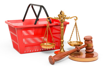 Wall Mural - Consumer protection concept. Shopping basket with wooden gavel and scales of justice. 3D rendering