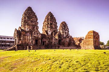 Lopburi Monkey Temple in Thailand. Phra Prang Sam Yot temple with monkey, ancient architecture in Lopburi, Thailand.