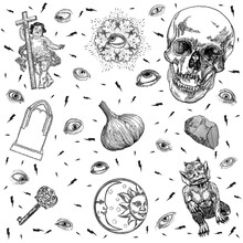 Set Of Alchemy, Witchcraft Magic, And Occult Mysticism With Various Occultism Symbols. Antique Gravestone Or Tombstones Grave, Baby Jesus, Garlic, Human Skull, Key, Crystal, Eyes, Moon, Sun. Vector.