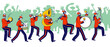 Military Orchestra Characters Wearing Festive Red Uniform and Hats with Plumage Playing Trombone, Tambourine and Drum Instruments during March Parade or Public Event. Linear Vector People Illustration