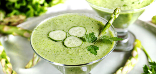 Poster - gazpacho cold soup from avocado, asparagus and cucumber. detox diet. Vegetarian dish. 