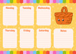 © PlatypusMi86 - School schedule. Timetable for schoolboys. Empty template. Weekly planer with notes. Isolated color vector illustration. Cartoon character.