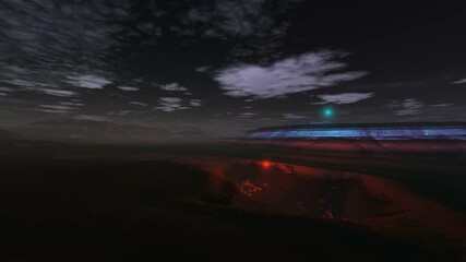 Wall Mural - Mysterious Lights (UFO) over the Earth. Bright balls of light fly over the night surface and disappear beyond the horizon and in the earth's crevice. The sun rises quickly, white clouds float.
