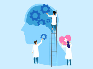 Wall Mural - Mental health ,brain development  medical treatment concept, doctors  work together to set up heart and gear to brain, setting good mindset and attitude on gear   background , vector  illustration