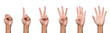 Hand isolated banner: Hand displays counting of numbers by using fingers which start from zero, one, two, three, four and five on white background and seperated clipping path