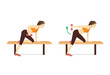 © logo3in1 - Sport Woman doing One Arm The dumbbell kickback Exercise on Bench in 2 steps. target on Triceps muscles and shoulders. Illustration about easy Fitness during stay at home.
