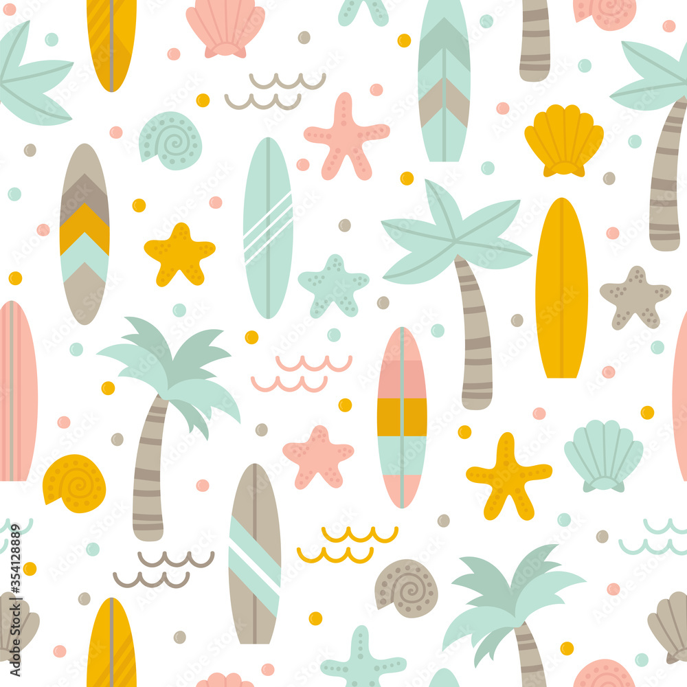 Summer seamless pattern with surfboards, palm trees and shells. Cute ...
