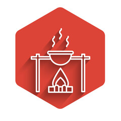 Sticker - White line Campfire and pot icon isolated with long shadow. Fire camping cooking in cauldron on firewood and flame. Red hexagon button. Vector Illustration.