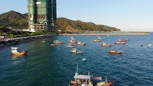 Aerial Footage Of Fishing Boats Sitting Idle In The Oceans Of Nha Trang, Vietnam