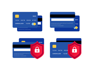 Credit card icon set. Electronic payment protection, security concept. Secure online transaction. Flat collection plastic card front and back, shield with lock. Internet safety vector illustration