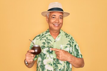 Wall Mural - Middle age senior grey-haired man wearing summer hat drinking traditional mate drink very happy pointing with hand and finger