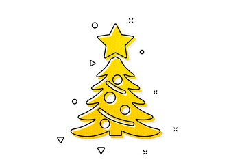 Wall Mural - New year spruce sign. Christmas tree present icon. Fir-tree symbol. Yellow circles pattern. Classic christmas tree icon. Geometric elements. Vector