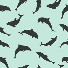  Vector seamless pattern with dolphins. Dolphin Silhouette
