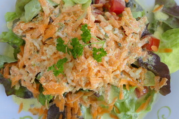 Mixed salad plate with healthy carrots, red leaf salad, parsley and white french sauce, from above