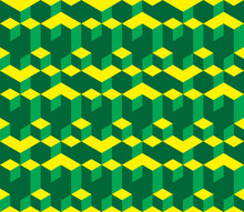 Isometric Seamless Vector Pattern In Escher Style. Bright Geometric Ornament Of Cubic Building Blocks With Yellow And Green Surfaces. Illusion Of Volume. Modern 3d Print Of Urban Labyrinth.