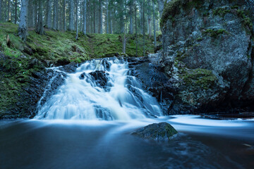 Hassafallen Stunning Waterfall in Rural wild Forest outside of Jonkoping Sweden And Nearby Taberg Stream. Sweden Rivers And Waterfalls in nature reserve.