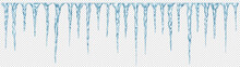 Set Of Translucent Light Blue Realistic Icicles Of Different Lengths On Transparent Background. Transparency Only In Vector Format