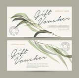 Fototapeta  - Gift card with floral decoration. Invitation card. Coupon template. Eucalyptus leaves on a light background. Background for the invitation, shop, beauty salon, spa.