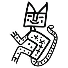 Wall Mural - Stylized funny cat. Black and white linear silhouette. Ancient Peruvian motif from Paracas textile. Pre Columbian Native American art.