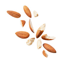 Almond Piece Fly Explosion On White Isotated .Clipping Path