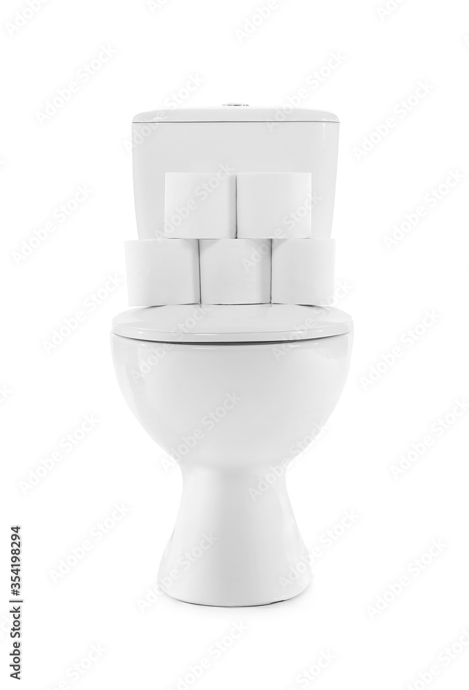 Toilet bowl and rolls of paper on white background