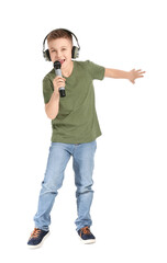 Sticker - Cute little boy singing against white background