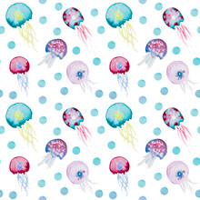 Cute Seamless Pattern Multicolored Jellyfish Background. Blue And Pink Watercolor Jellyfish Hand-drawn With Bubbles. Marine Wildlife Style Design. All Over Print For Vacation, Baby Kids Beach Concept