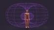 © MIKHAIL - Inside abstract teleportation station. Future technologies concept. Man in a magnetic field. Dark purple vivid background. 3D Rendering