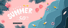 Summer Sale Design With Paper Cut Tropical Beach Bright Color Background Layout Banners .Paper Art Concept.voucher Discount.Vector Illustration Template.