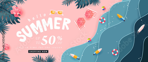 Fotografía Summer sale design with paper cut tropical beach bright Color background layout banners