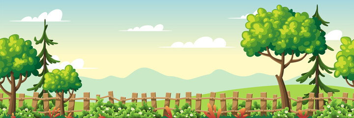 Panorama summer landscape with trees and fence. Vector illustration with separate layers.