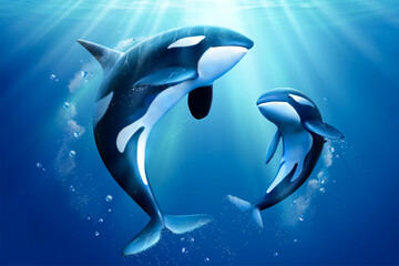 Wall Mural - Adorable killer whales family