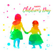 Watercolor color girls silhouettes on white background, holiday clipart. International children's day greeting card. Vector illustration babys, daughters, children in a fluffy skirt.