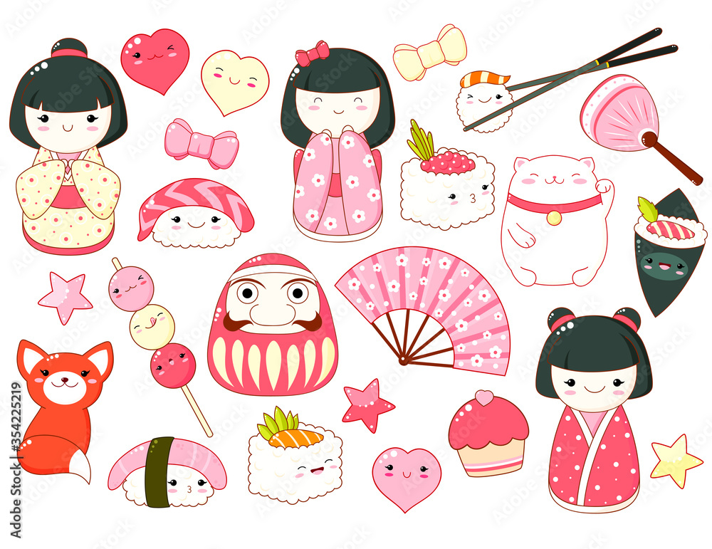 Set of cute icons in kawaii style - obrazy, fototapety, plakaty 