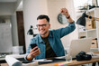 © JustLife - Portrait of handsome businessman. Man using phone.