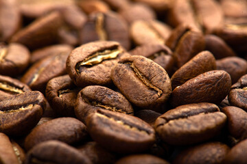 Coffee beans close-up background. Fresh roasted