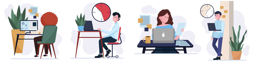 Time management in office set. Employees working near clock, using computers, workplaces flat illustration. Planning, scheduling, timing concept for banner, website design or landing web page