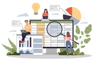 Accounting report illustration. Professionals with laptops and magnifiers analyzing financial data sheet. Team of accountant working with bookkeeping software