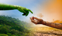 Environment Concept : Greengrass Hand On Nature Mountain And Dry Soil Hand On Crack Arid.