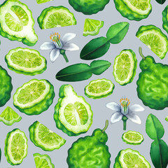  Seamless pattern of watercolor bergamot fruits, leaves and flower