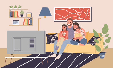 Family with kids at TV illustration. Happy man, woman, boy, girl sitting together on couch at home, watching movie. Young couple with children for house interior, entertainment, love concept