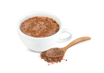 hot chocolate with coffee cup and cocoa powder isolated on white background