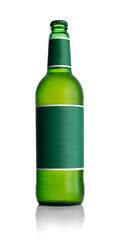 Sticker - Cold frosted green bottle of beer with blank label on white background for print design and mock up