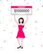© Konstantin - Happy lottery winner with big prize paycheck. Fortune lottery or casino gambling lucky games concept flat style design vector illustration isolated white background. Woman standing up with check.