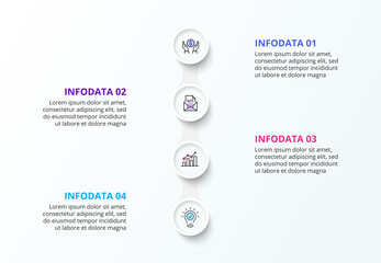 Poster - White vertical infographic design template. Flowchart with four circle elements. Concept of 4 steps of business strategy. Clean vector illustration for presentation
