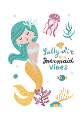 Wall Mural - Childish poster with mermaid, starfish, seaweed and coral