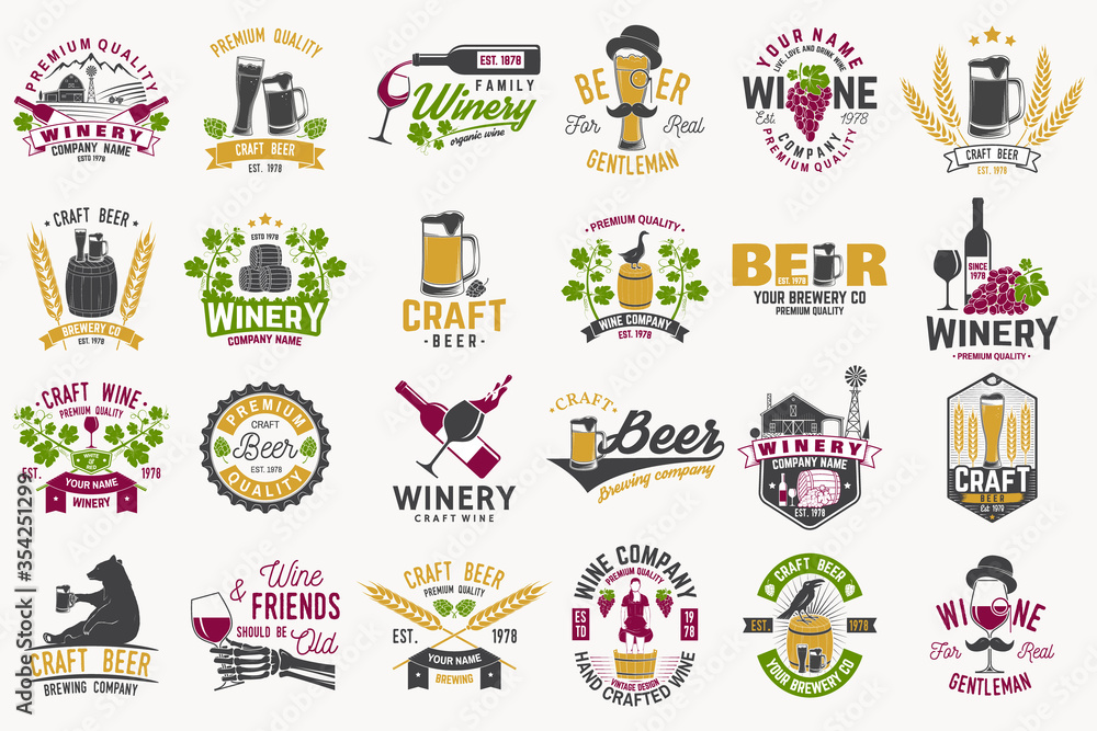 Set of Craft Beer and wine company badges with hops, raven and bear. Vector. Vintage design for winery company, bar, pub and restaurant business. Coaster for beer or wine glasses. - obrazy, fototapety, plakaty 