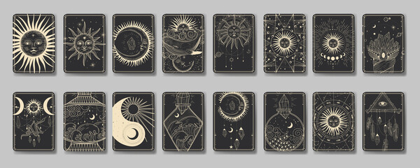 Vector illustration set of moon phases. Different stages of moonlight activity in vintage engraving style. Zodiac Signs
